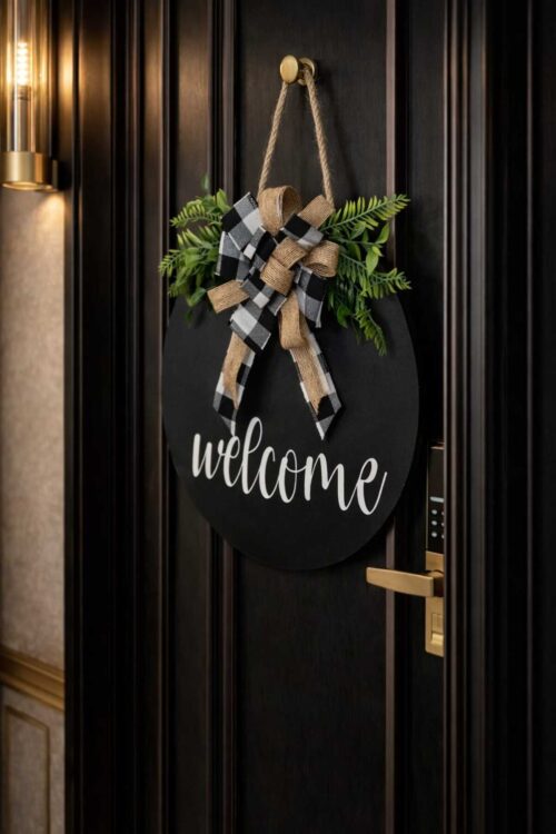 Kapı Süsü Welcome Ahşap Ekose Siyah Kurdelalı Dış Kapısüsü - Ev Kapı Süsü