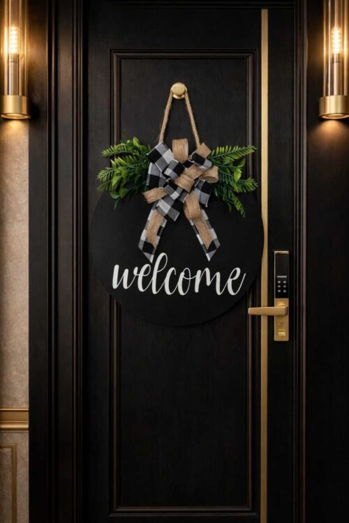 Kapı Süsü Welcome Ahşap Ekose Siyah Kurdelalı Dış Kapısüsü - Ev Kapı Süsü