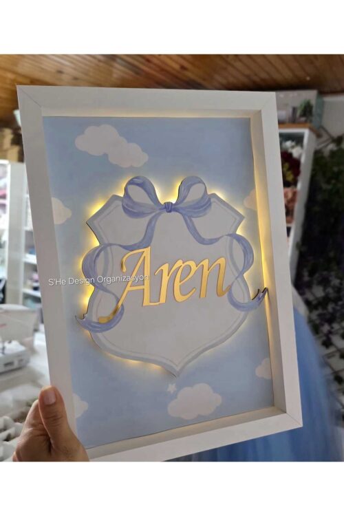 30x40 BÜYÜK BOY LEDLİ AHŞAP OBJELİ KAPI SÜSÜ / ERKEK BEBEK İSMİNE ÖZEL HASTANE DOĞUM ODASI KAPI SÜSÜ