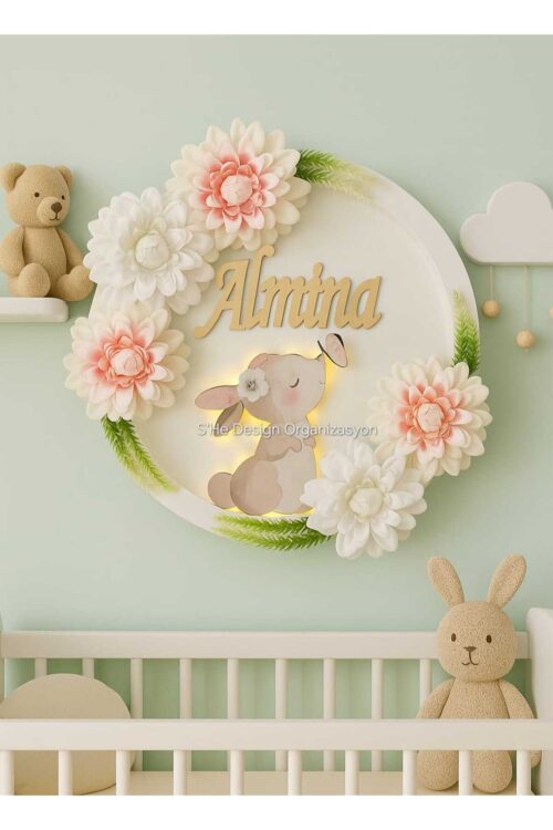 KIZ BEBEK İSMİNE ÖZE HAZIRLANAN AHŞAP TAVŞAN FİGÜRLÜ ÇİÇEKLİ HASTANE ODASI KAPI SÜSÜ PEMBE