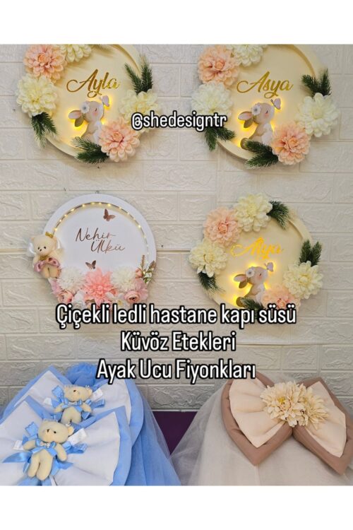 KIZ BEBEK İSMİNE ÖZEL HAZIRLANAN TAVŞANLI ÇİÇEKLİ KAPI SÜSÜ,TAKI YATIĞ,20 ADET MAGNET
