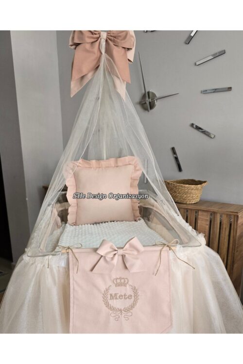 Hastane Odası Cibinlikli Nakış Işlemeli Beşik Süsleme Seti Krem/fildişi