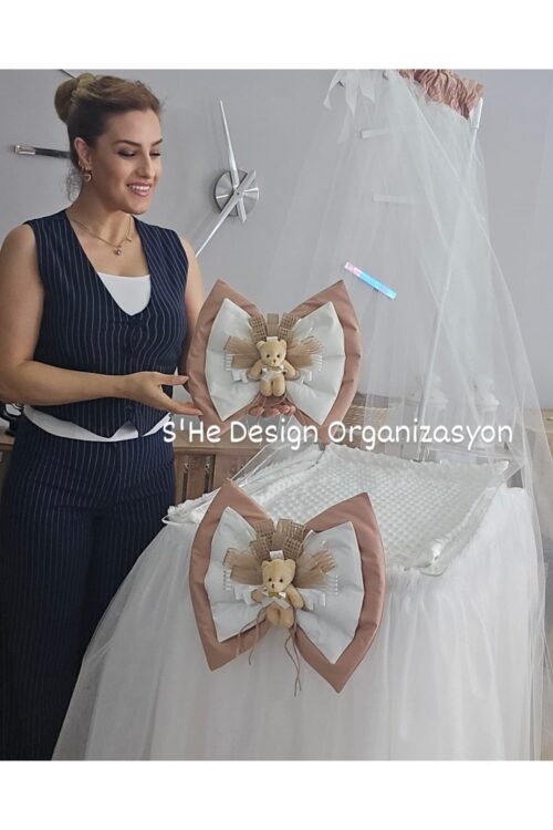 Hastane Odası Cibinlikli Beşik Süsleme Seti Açıkkahve/kırıkbeyaz