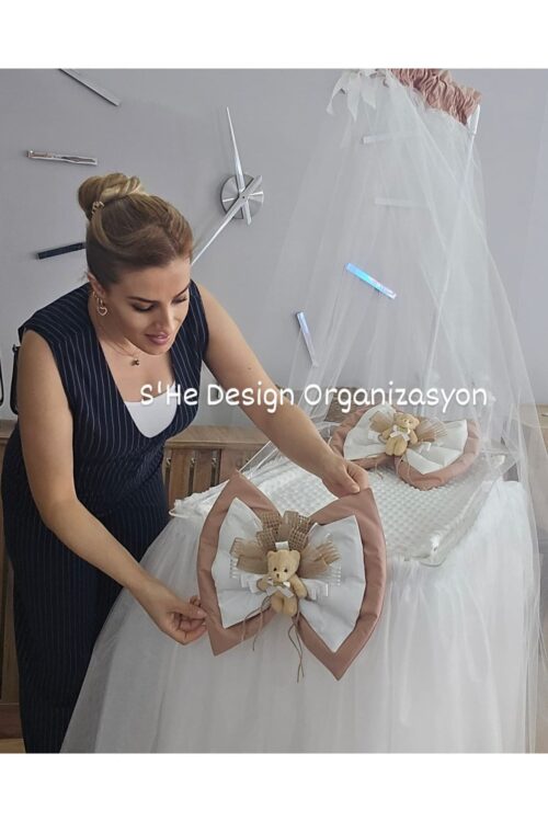 Hastane Odası Cibinlikli Beşik Süsleme Seti Açıkkahve/kırıkbeyaz
