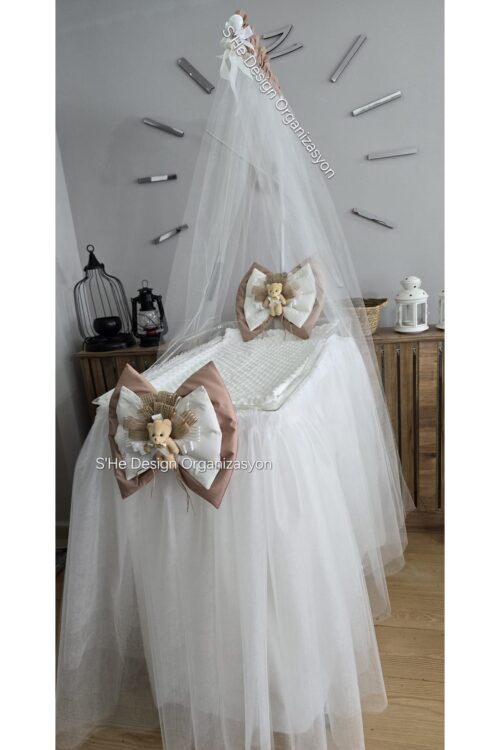 Hastane Odası Cibinlikli Beşik Süsleme Seti Açıkkahve/kırıkbeyaz