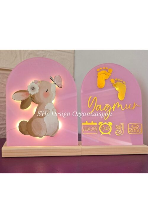 Bebek İsmine Özel Hazırlanan Işıklı Doğum Panosu pembe