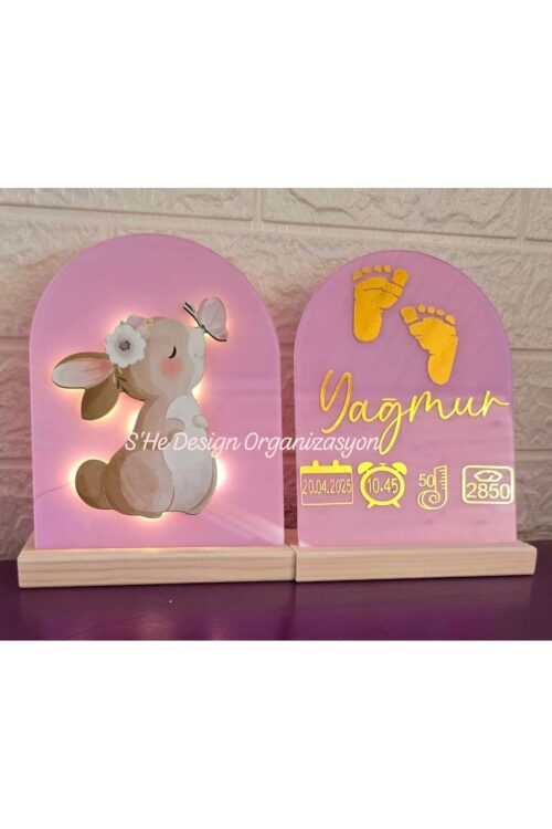 Bebek İsmine Özel Hazırlanan Işıklı Doğum Panosu pembe