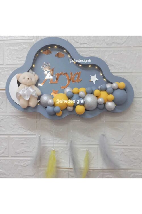 KIZ BEBEK İSMİNE ÖZEL HAZIRLANAN GRİ BULUT LEDLİ KAPI SÜSÜ