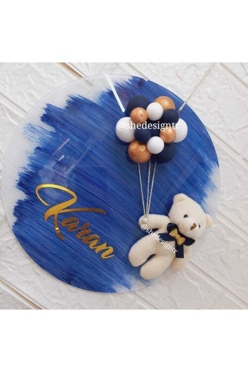 Erkek Bebek İsmine Özel Tasarlanan Şeffaf Pleksi Kapı Süsü lacivert