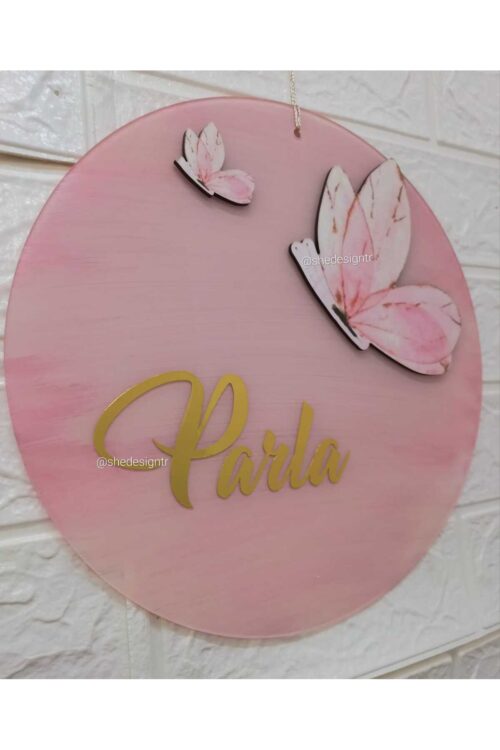 Kız Bebek İsmine Özel Hazırlanan Şeffaf Pleksi Kapı Süsü pudra pembe