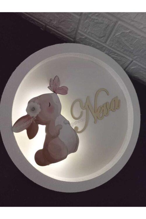 İsme Özel  Hazırlanan Tavşanlı Ledli Ahşap Pano Yuvarlak Hastane Kapı Süsü