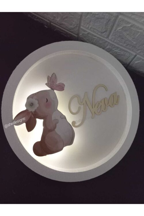 İsme Özel  Hazırlanan Tavşanlı Ledli Ahşap Pano Yuvarlak Hastane Kapı Süsü