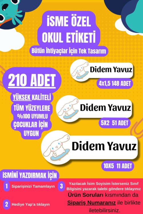 Okul Etiketi Özel İsimli Cinnamoroll Karekterli Defter Çanta Matara Kalem Kişiye Özel İsimli Yazılı