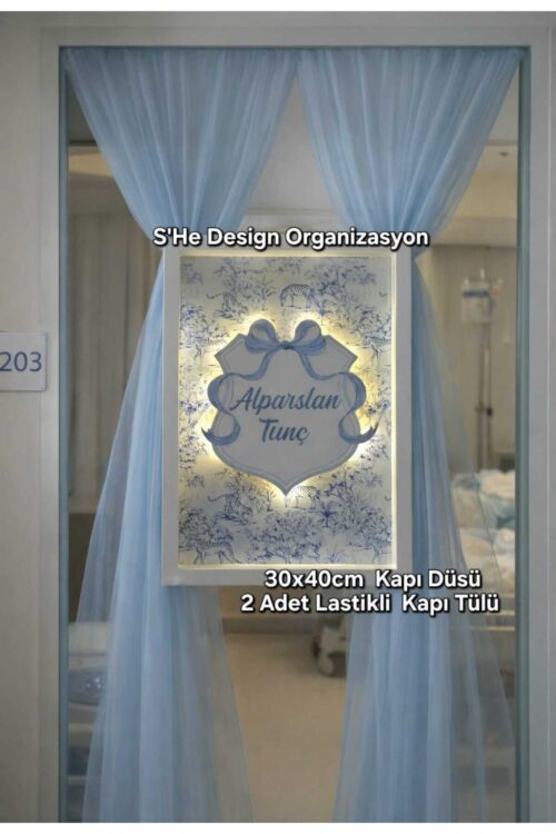 LEDLİ AHŞAP OBJELİ KAPI SÜSÜ VE LASTİKLİ KAPI TÜLÜ / BEBEK İSMİNE ÖZEL HASTANE DOĞUM ODASI KAPI SÜSÜ