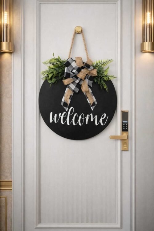 Kapı Süsü Welcome Ahşap Ekose Siyah Kurdelalı Dış Kapısüsü - Ev Kapı Süsü